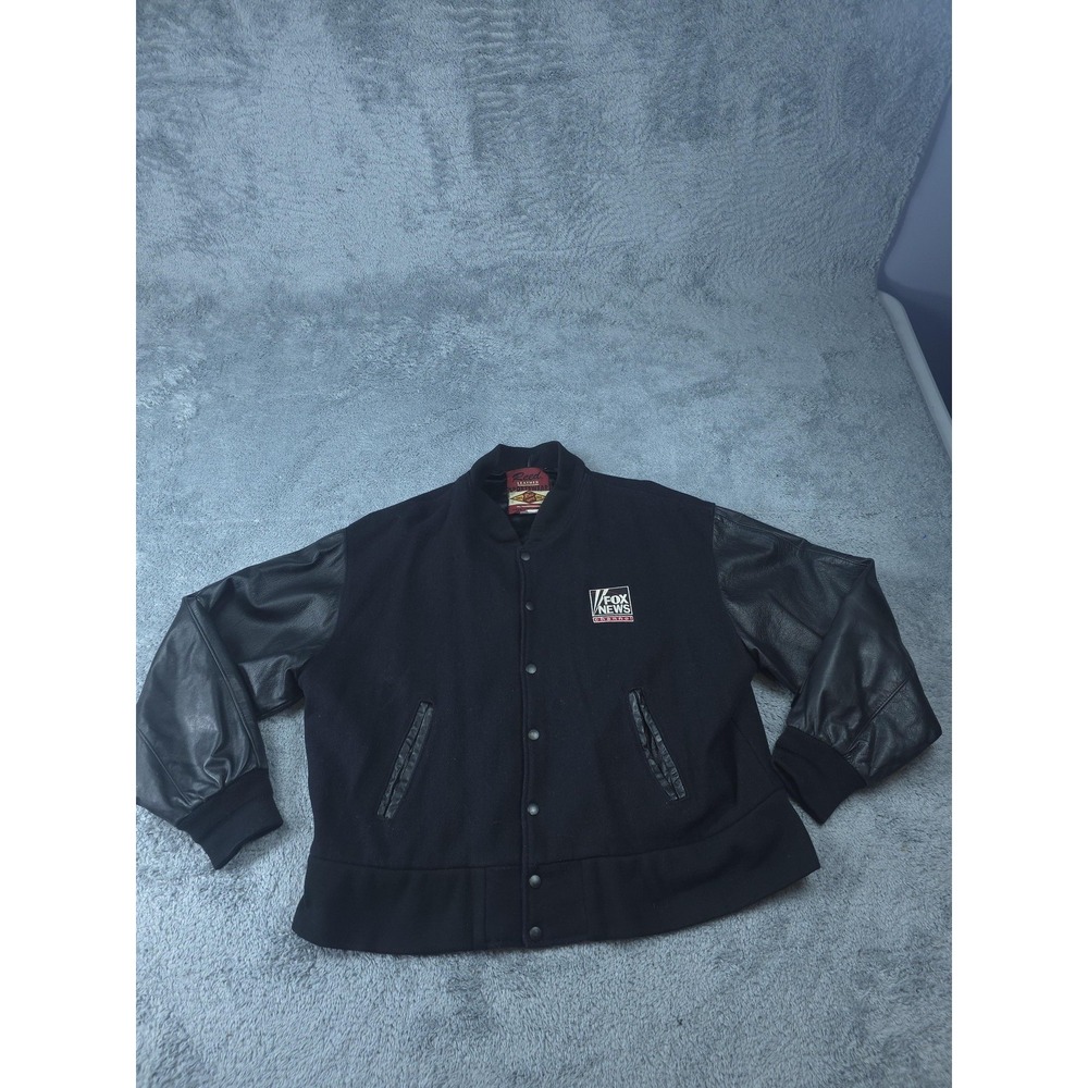 Vintage Fox News Channel Jacket Mens Large Leather Sleeve Reed O'Reilly 90s